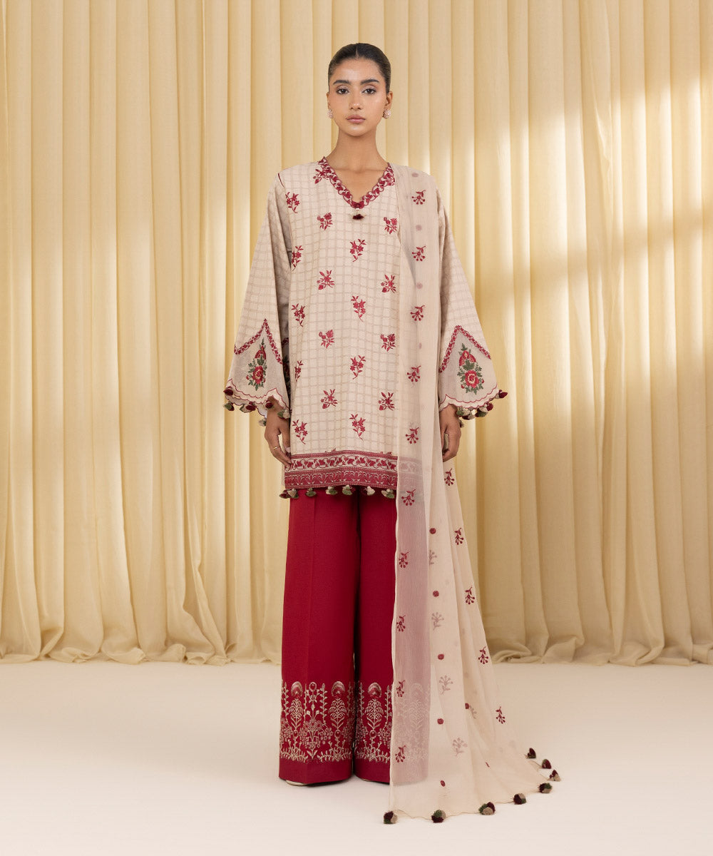 Unstitched Women's Beige Dobby 3 Piece Suit