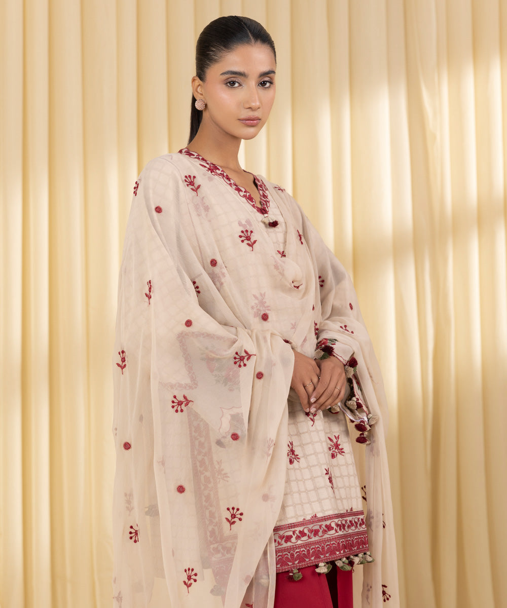 Unstitched Women's Beige Dobby 3 Piece Suit