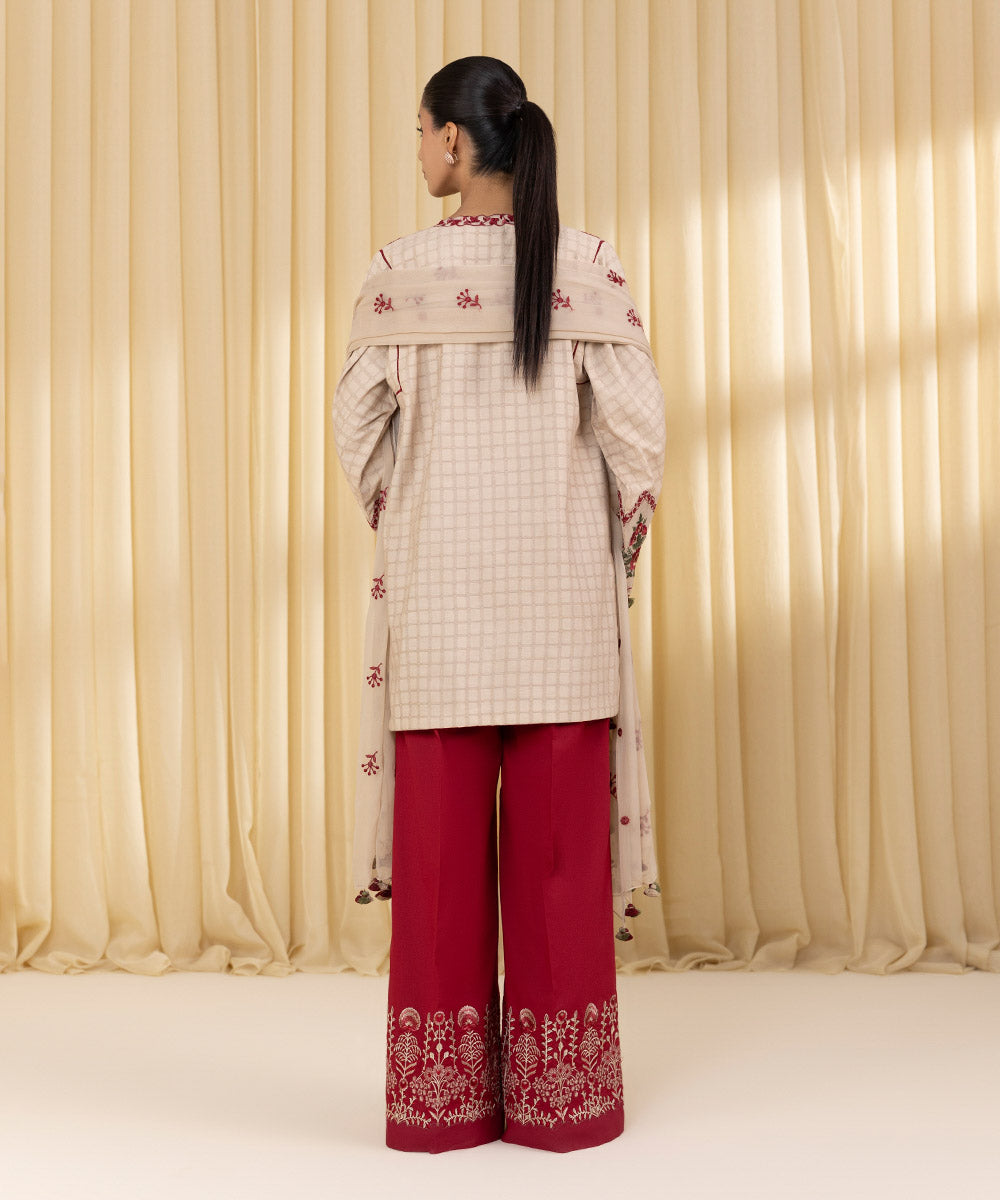 Unstitched Women's Beige Dobby 3 Piece Suit