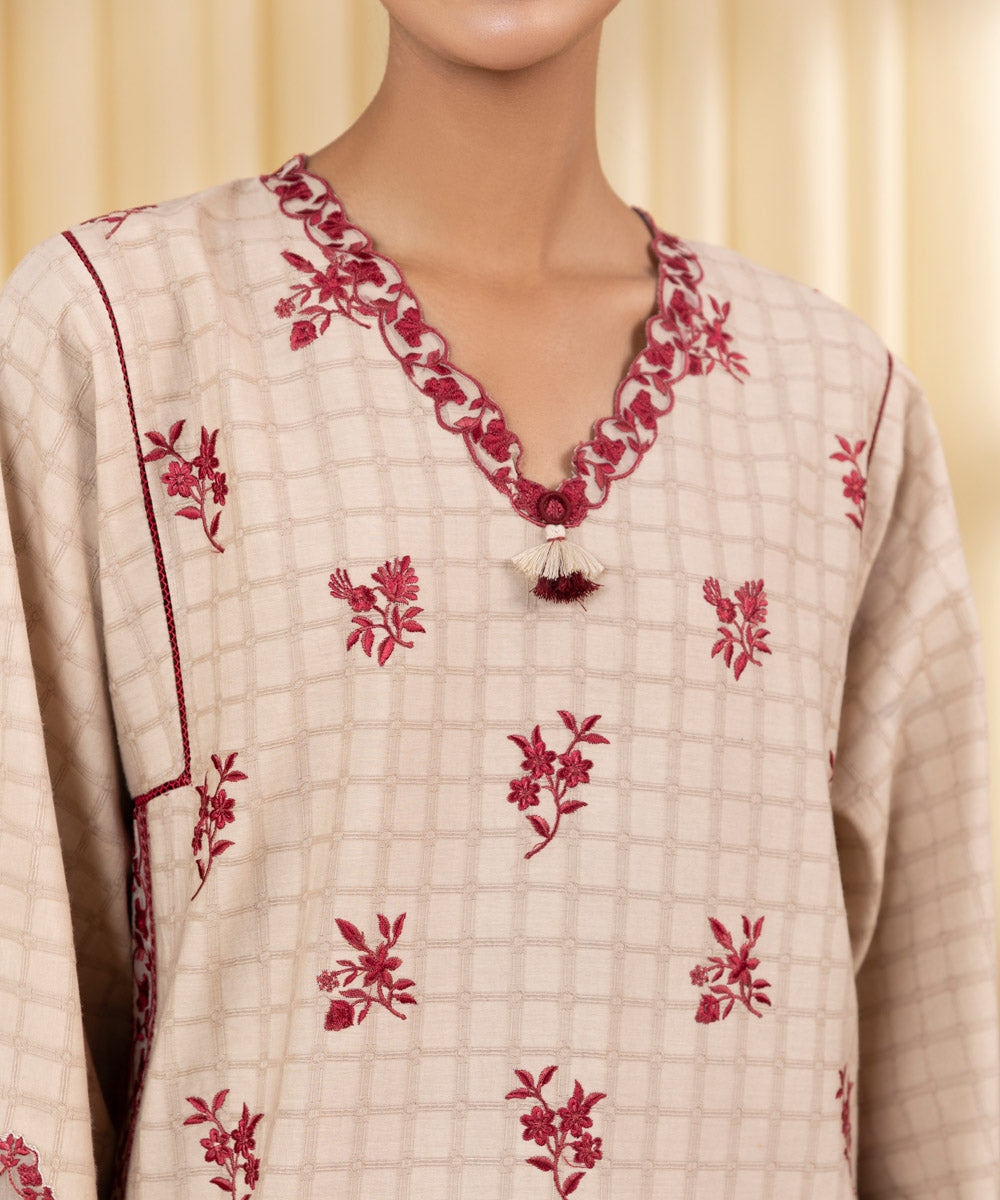 Unstitched Women's Beige Dobby 3 Piece Suit