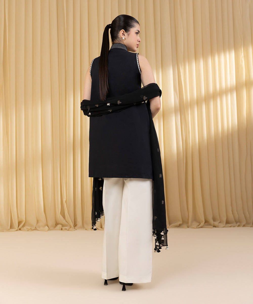 Unstitched Women's Black Cotton Satin 3 Piece Suit
