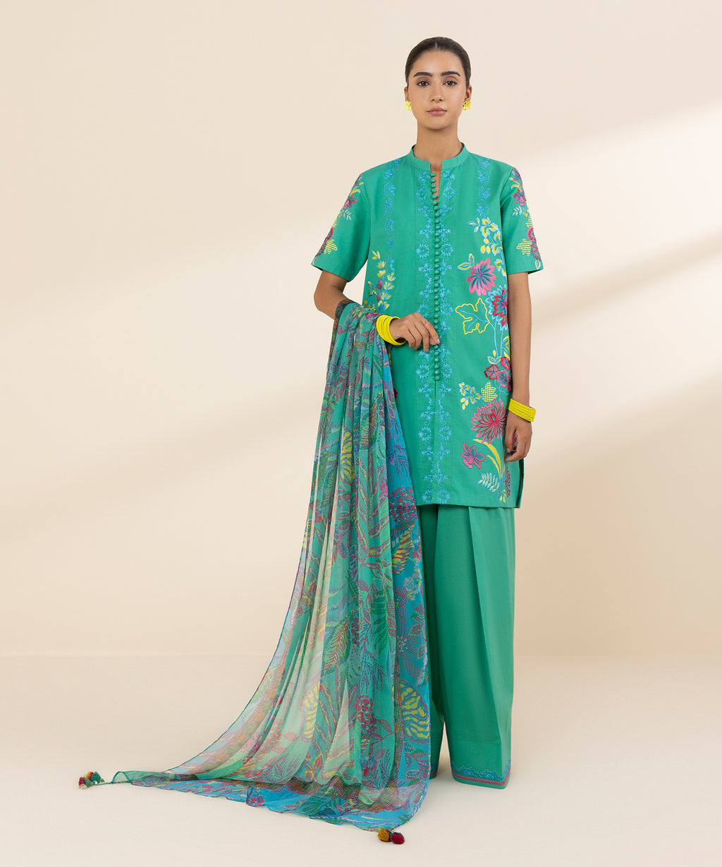Women's Unstitched Lawn Embroidered Green 3 Piece Suit