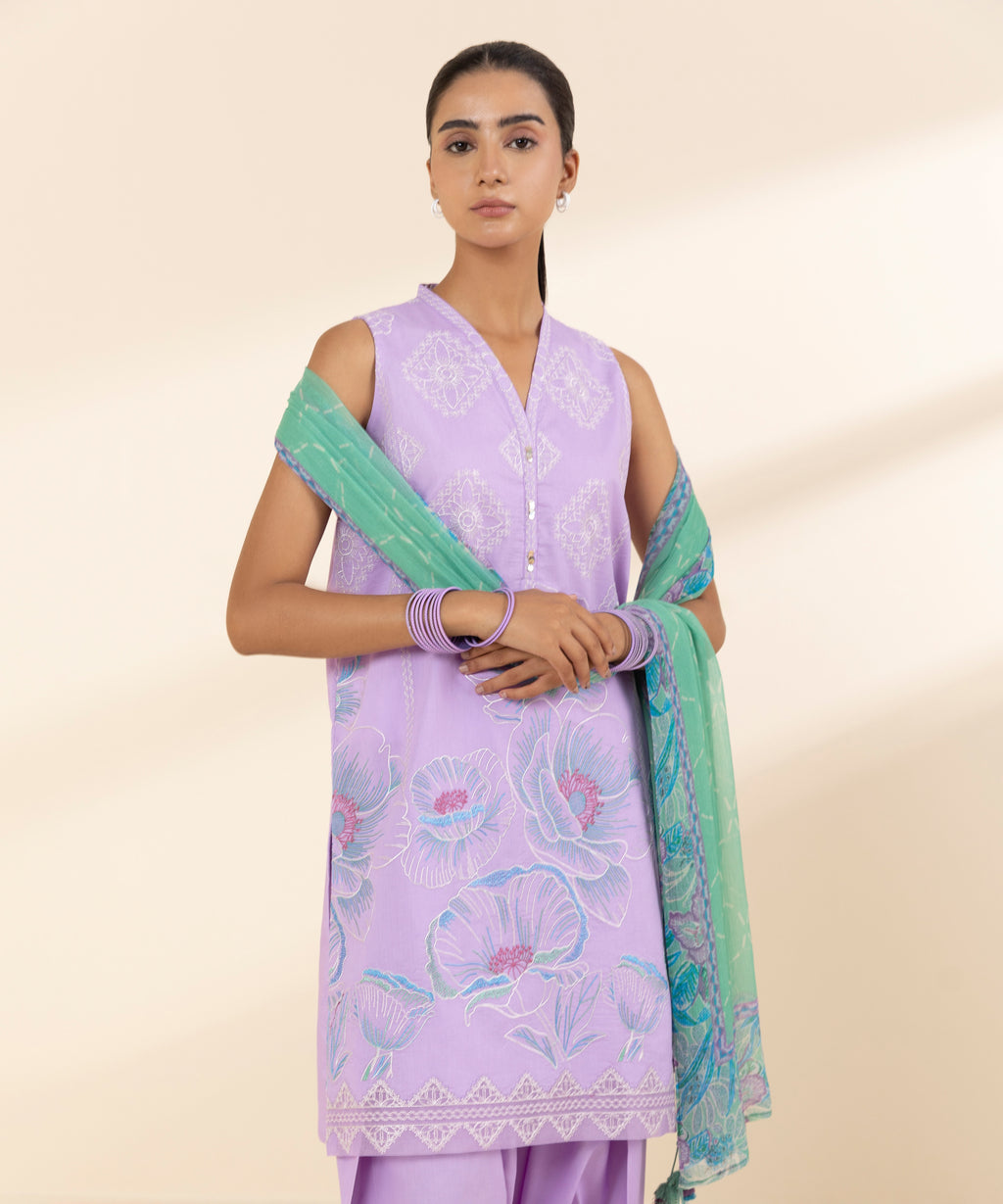 Women's Unstitched Lawn Embroidered Purple 3 Piece Suit