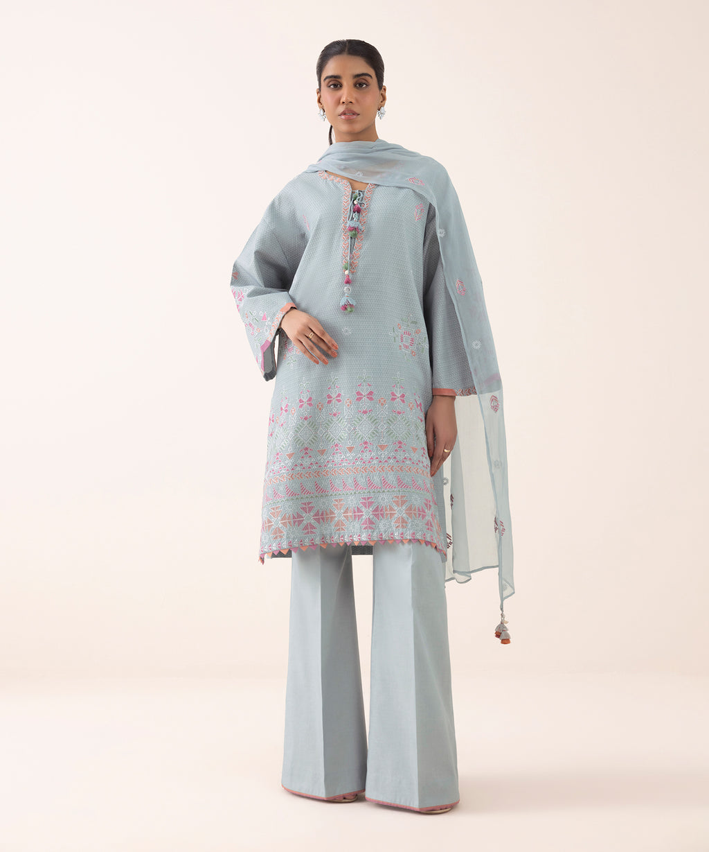 Women's Unstitched Dobby Embroidered Grey 3 Piece Suit