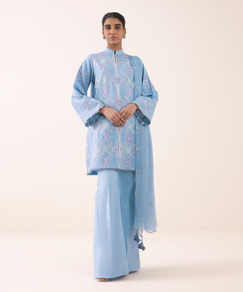 Women's Unstitched Dobby Embroidered Blue 3 Piece Suit