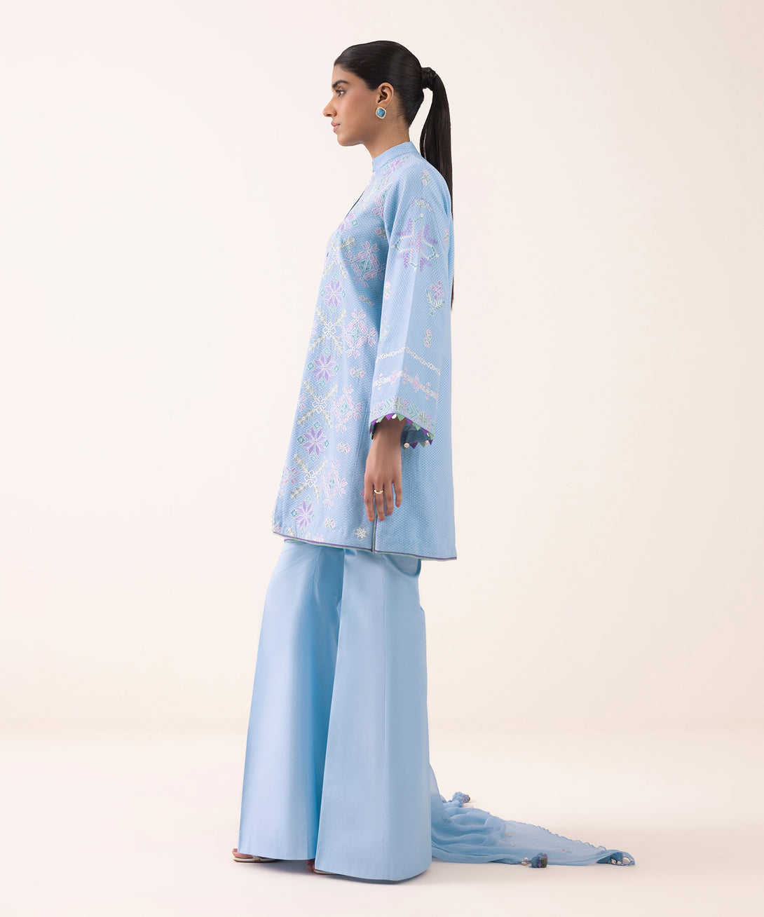 Women's Unstitched Dobby Embroidered Blue 3 Piece Suit