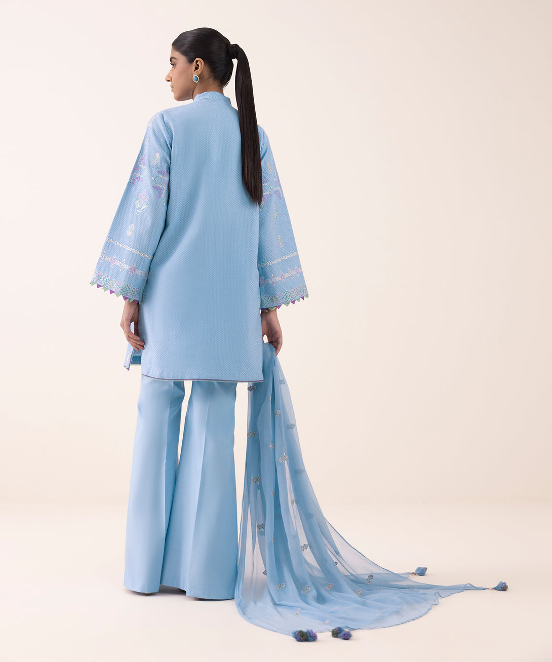 Women's Unstitched Dobby Embroidered Blue 3 Piece Suit