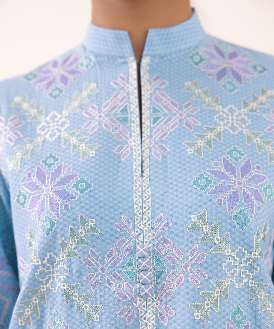Women's Unstitched Dobby Embroidered Blue 3 Piece Suit