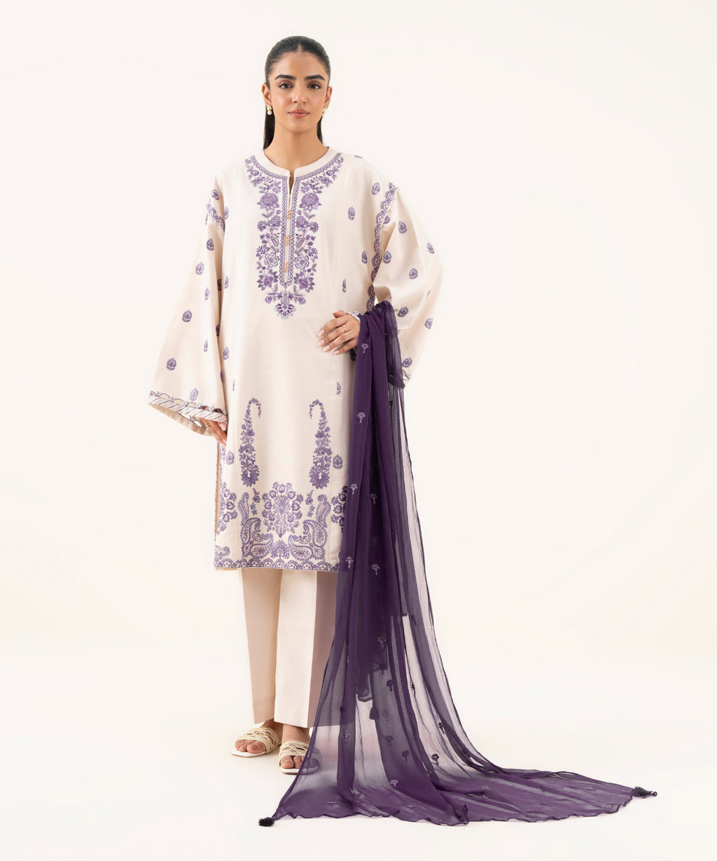 Women's Unstitched Dobby Embroidered Off White Three Piece Suit