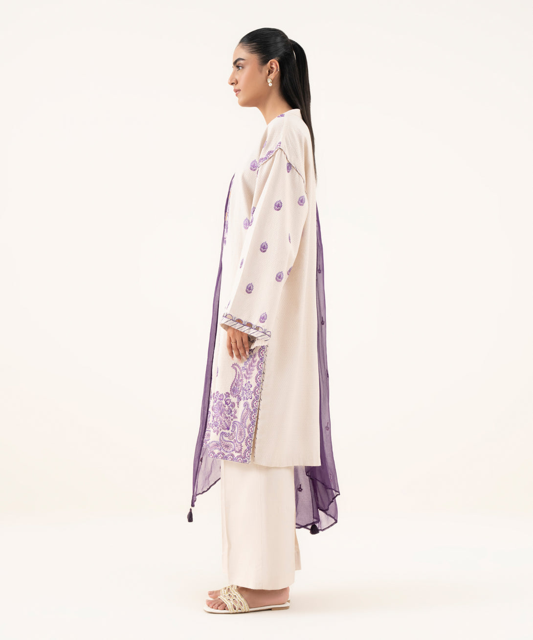 Women's Unstitched Dobby Embroidered Off White Three Piece Suit