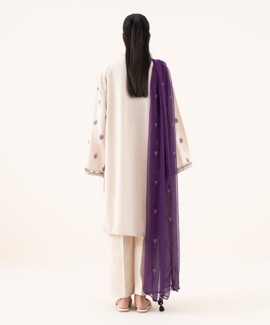 Women's Unstitched Dobby Embroidered Off White Three Piece Suit