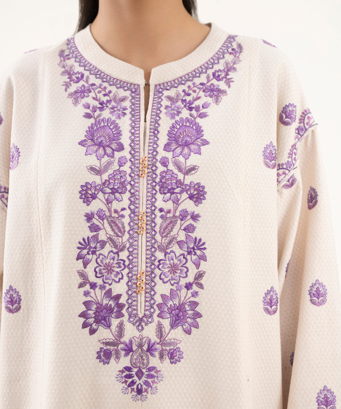 Women's Unstitched Dobby Embroidered Off White Three Piece Suit