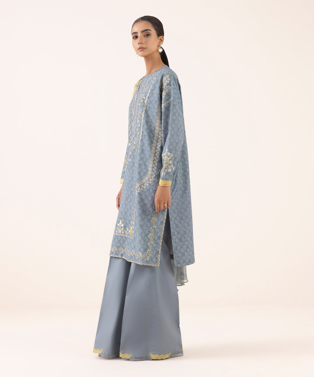 Women's Unstitched Dobby Embroidered Grey Three Piece Suit
