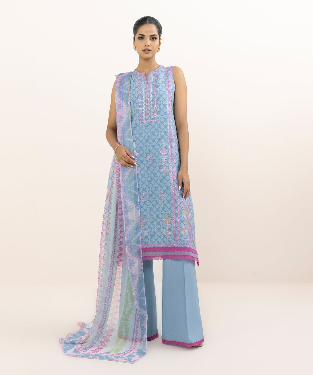 Women's Unstitched Jacquard Embroidered Blue Three Piece Suit