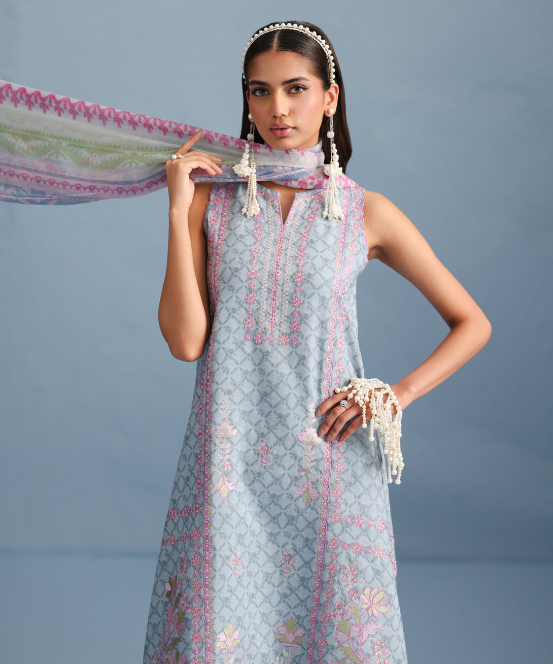 Women's Unstitched Jacquard Embroidered Blue Three Piece Suit