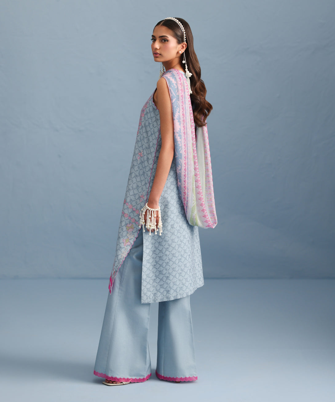 Women's Unstitched Jacquard Embroidered Blue Three Piece Suit