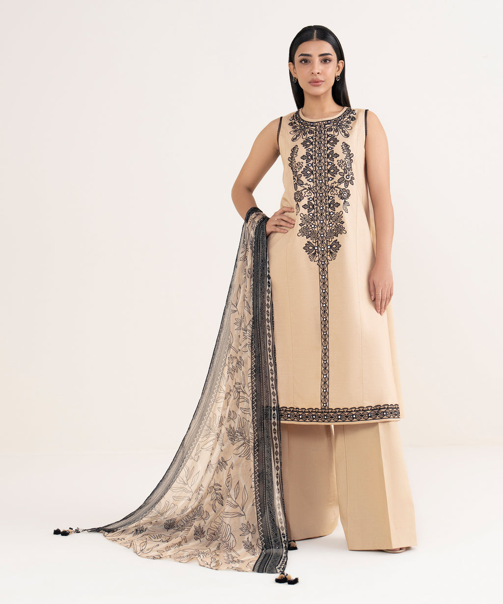 Women's Unstitched Cotton Embroidered Beige 3 Piece Suit