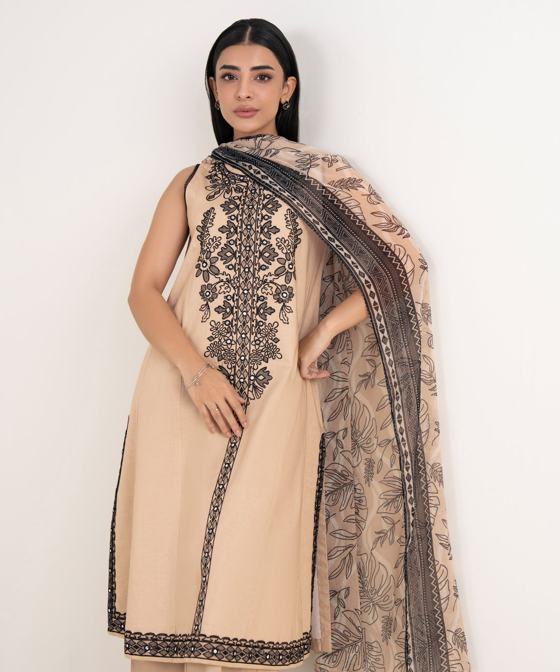 Women's Unstitched Cotton Embroidered Beige 3 Piece Suit