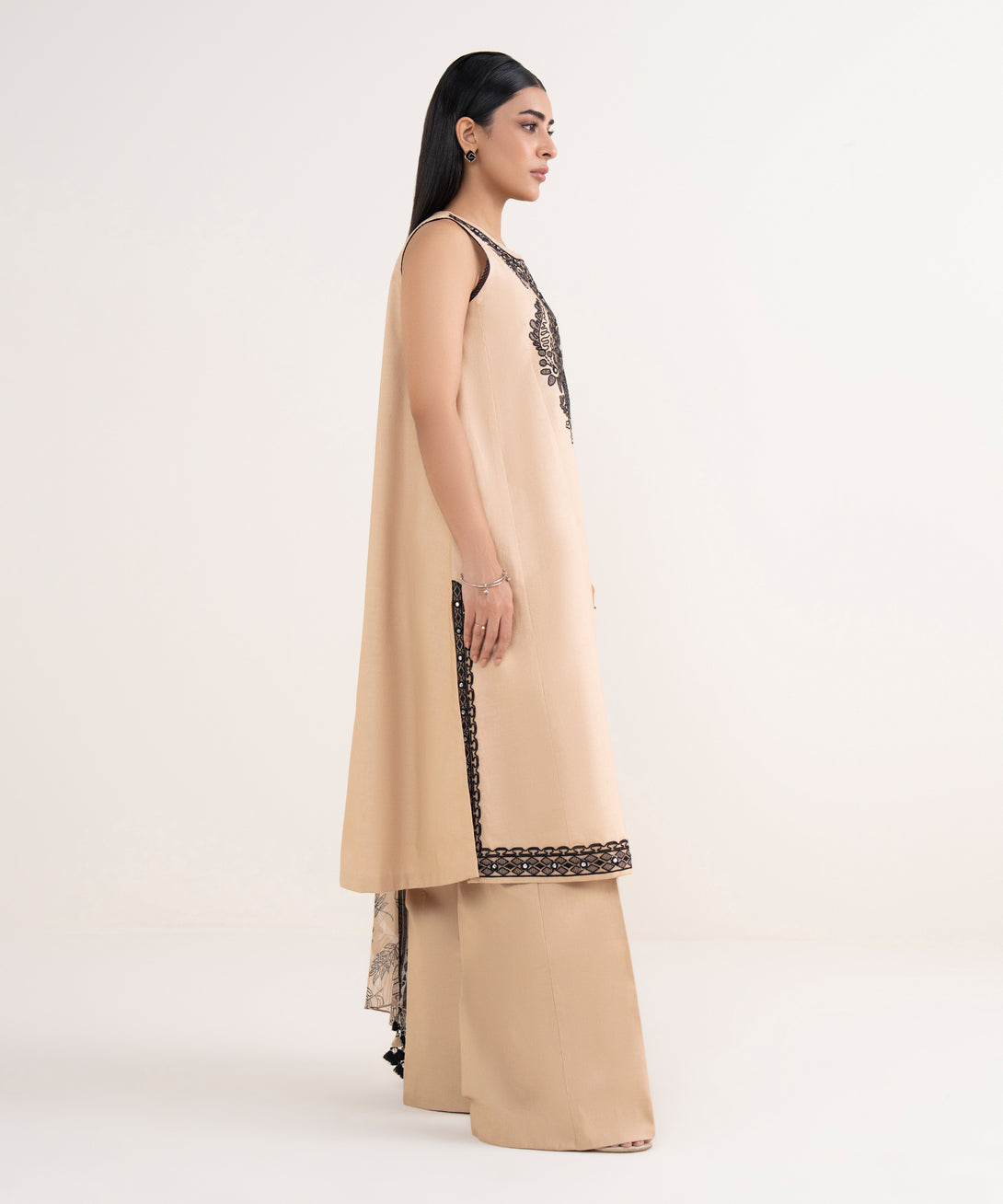 Women's Unstitched Cotton Embroidered Beige 3 Piece Suit