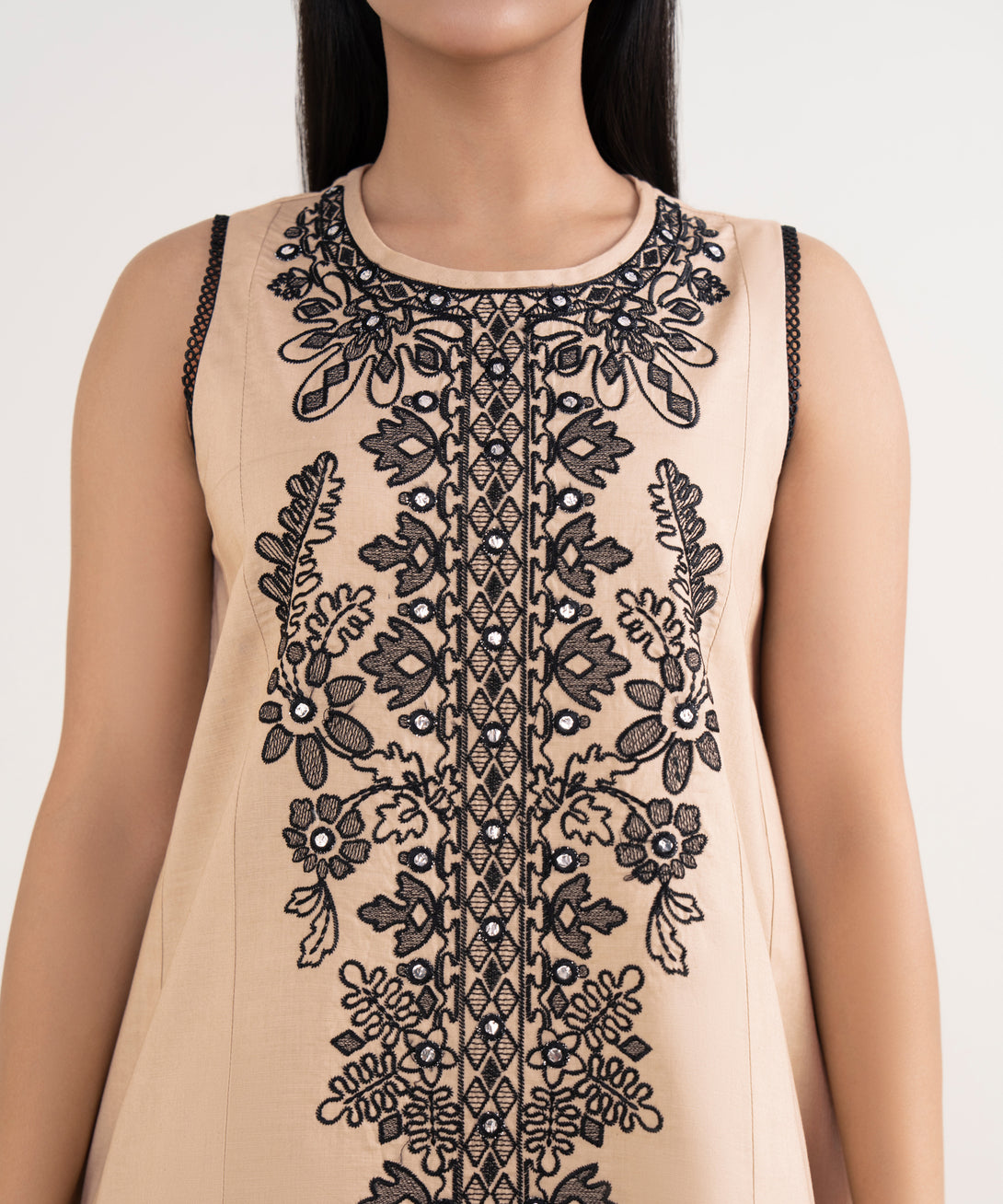 Women's Unstitched Cotton Embroidered Beige 3 Piece Suit
