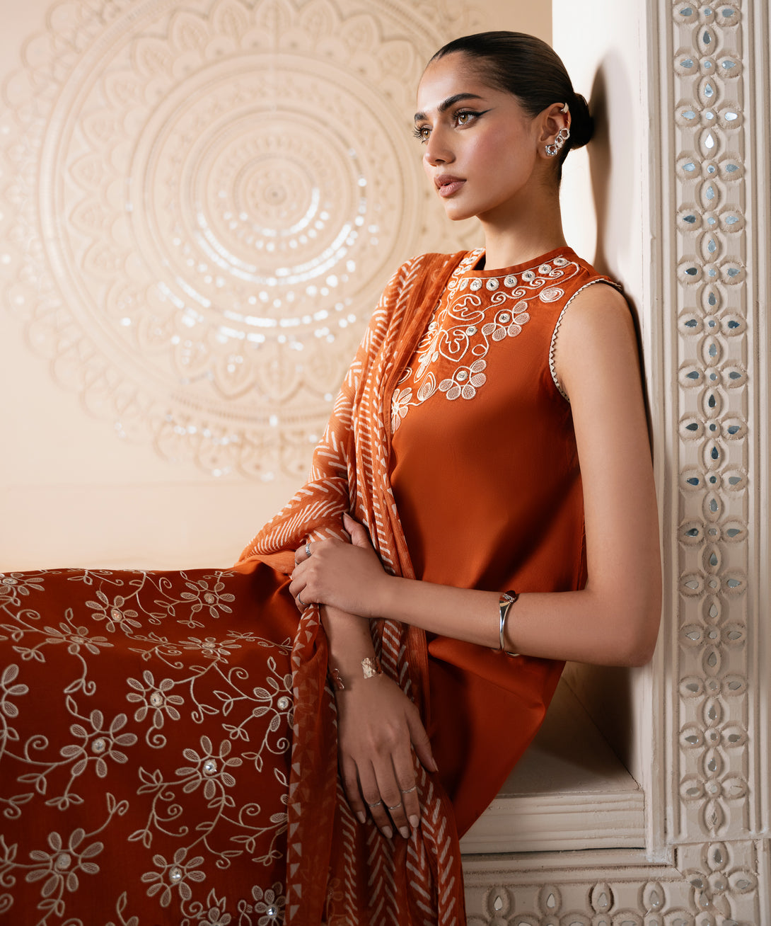 Women's Unstitched Cotton Embroidered Brown 3 Piece Suit