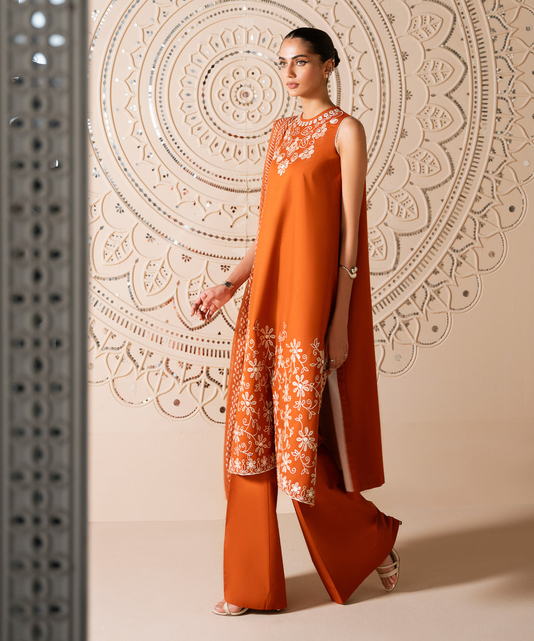 Women's Unstitched Cotton Embroidered Brown 3 Piece Suit