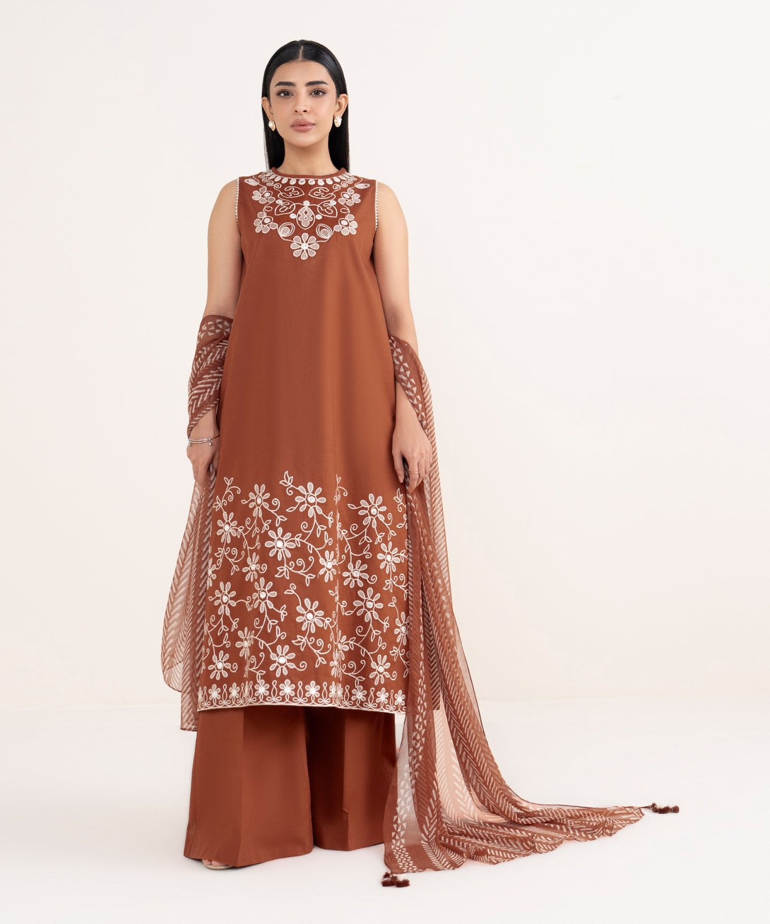 Women's Unstitched Cotton Embroidered Brown 3 Piece Suit