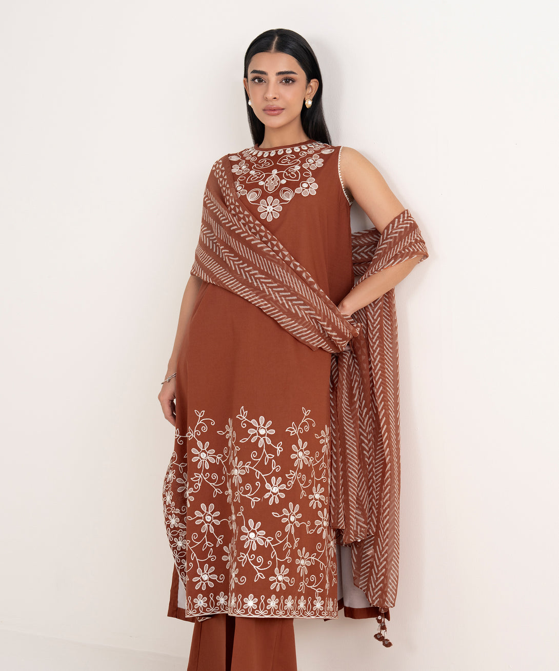 Women's Unstitched Cotton Embroidered Brown 3 Piece Suit