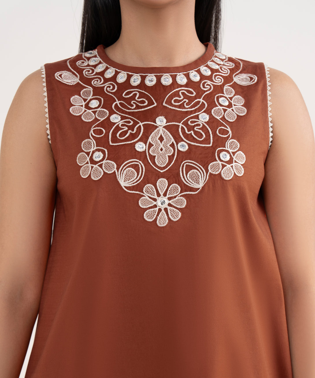 Women's Unstitched Cotton Embroidered Brown 3 Piece Suit