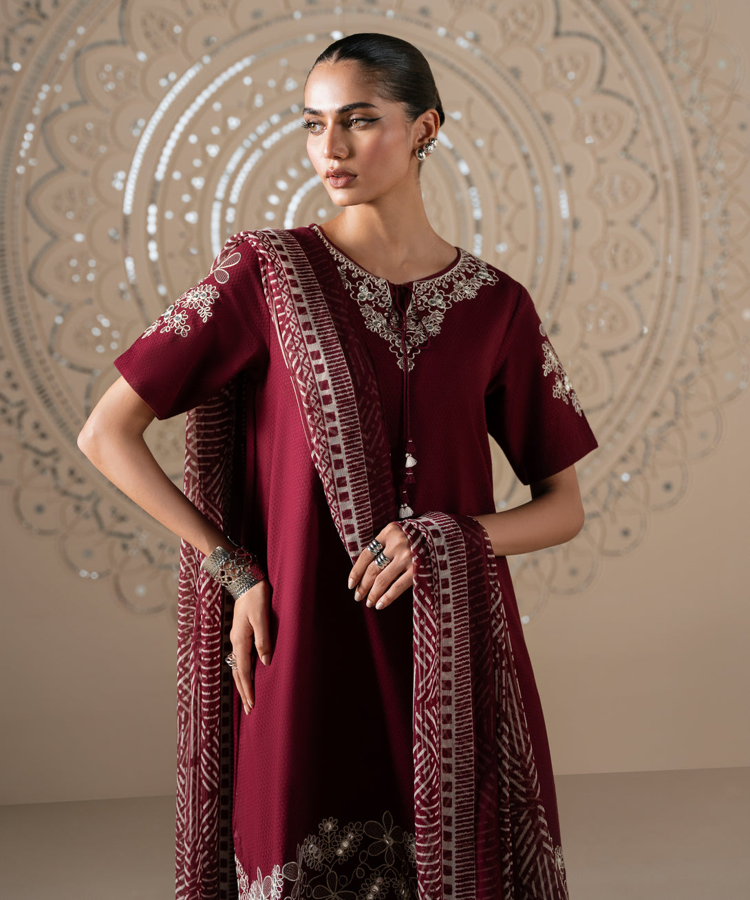 Women's Unstitched Dobby Embroidered Red 3 Piece Suit