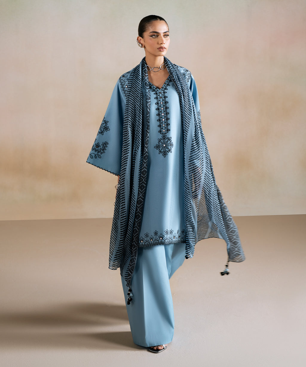 Women's Unstitched Dobby Embroidered Blue 3 Piece Suit