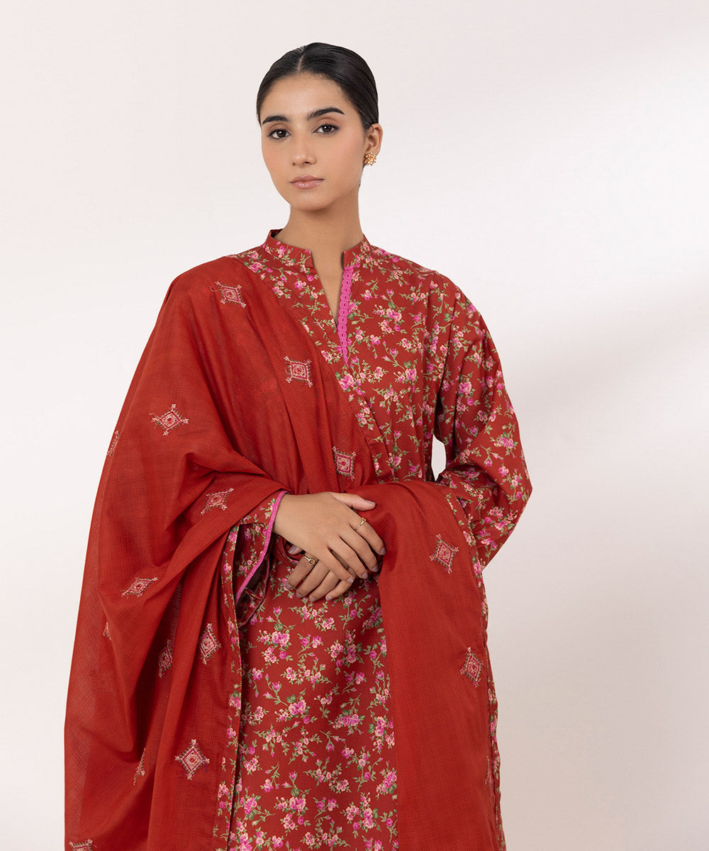 Textured Voile Red Embroidered Dupatta