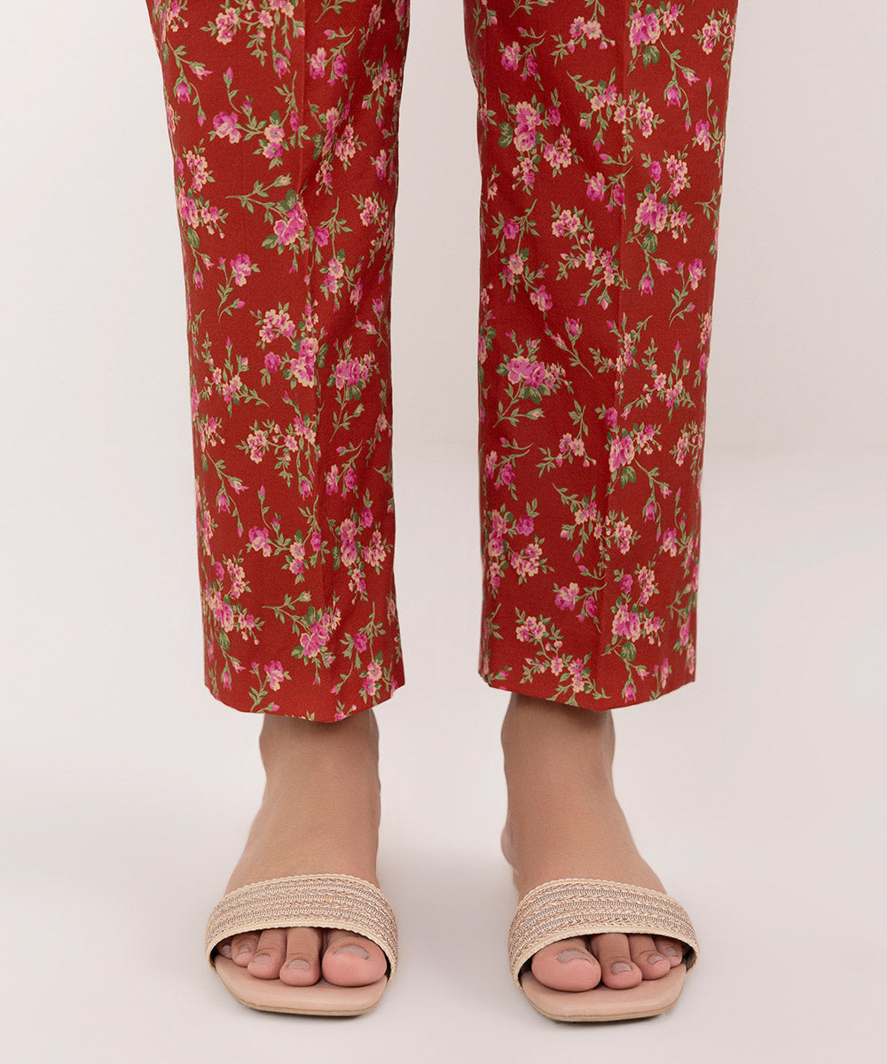 Women's Pret Cotton Printed Red Straight Pants