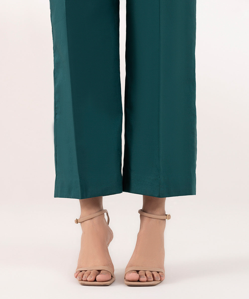 Women's Pret Cotton Solid Green Straight Pants