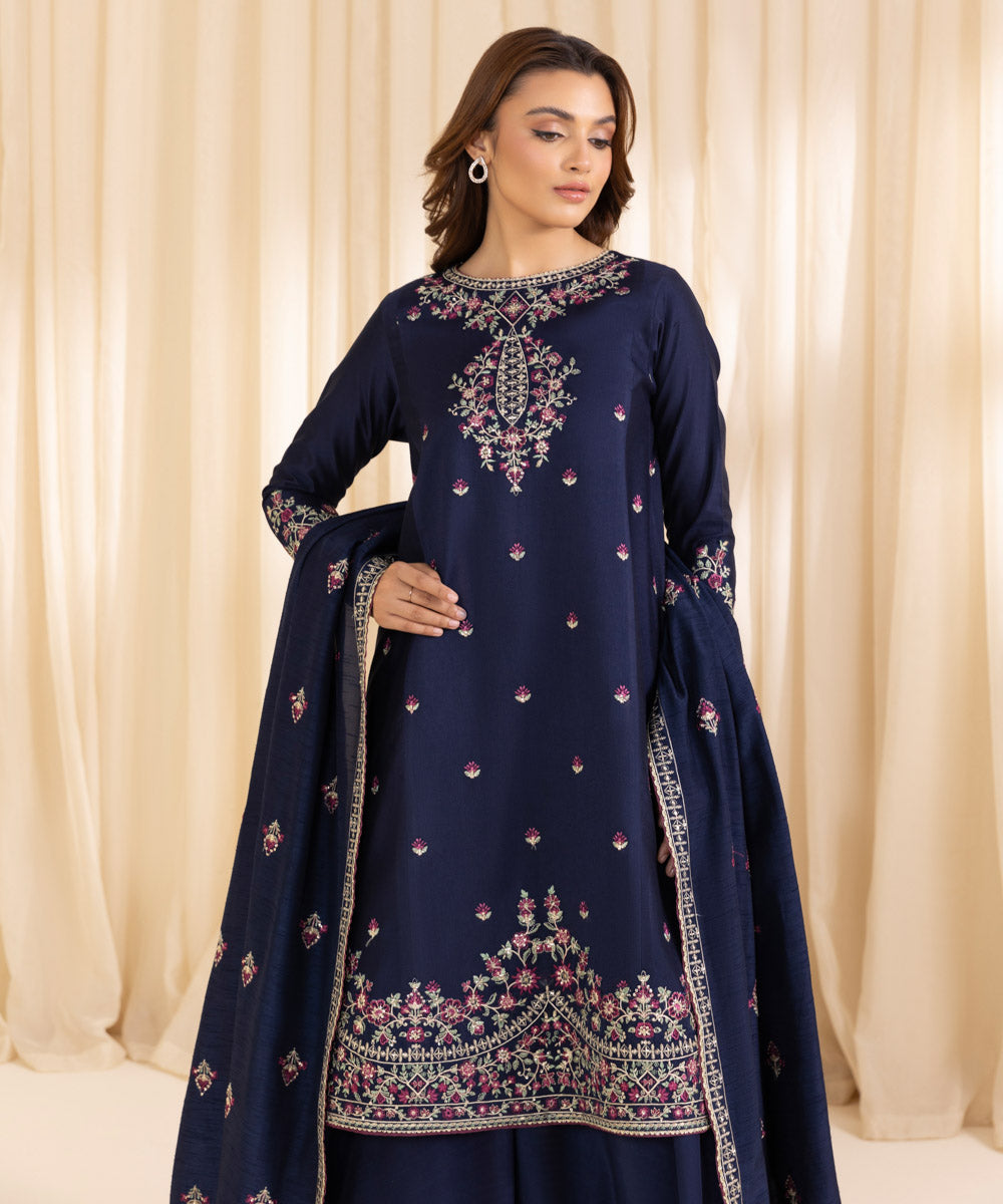 Women's Unstitched Midnight Blue Cotton Net Three Piece Suit