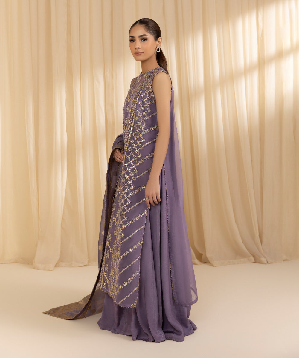 Women's Unstitched Organza Purple 3 Piece Suit