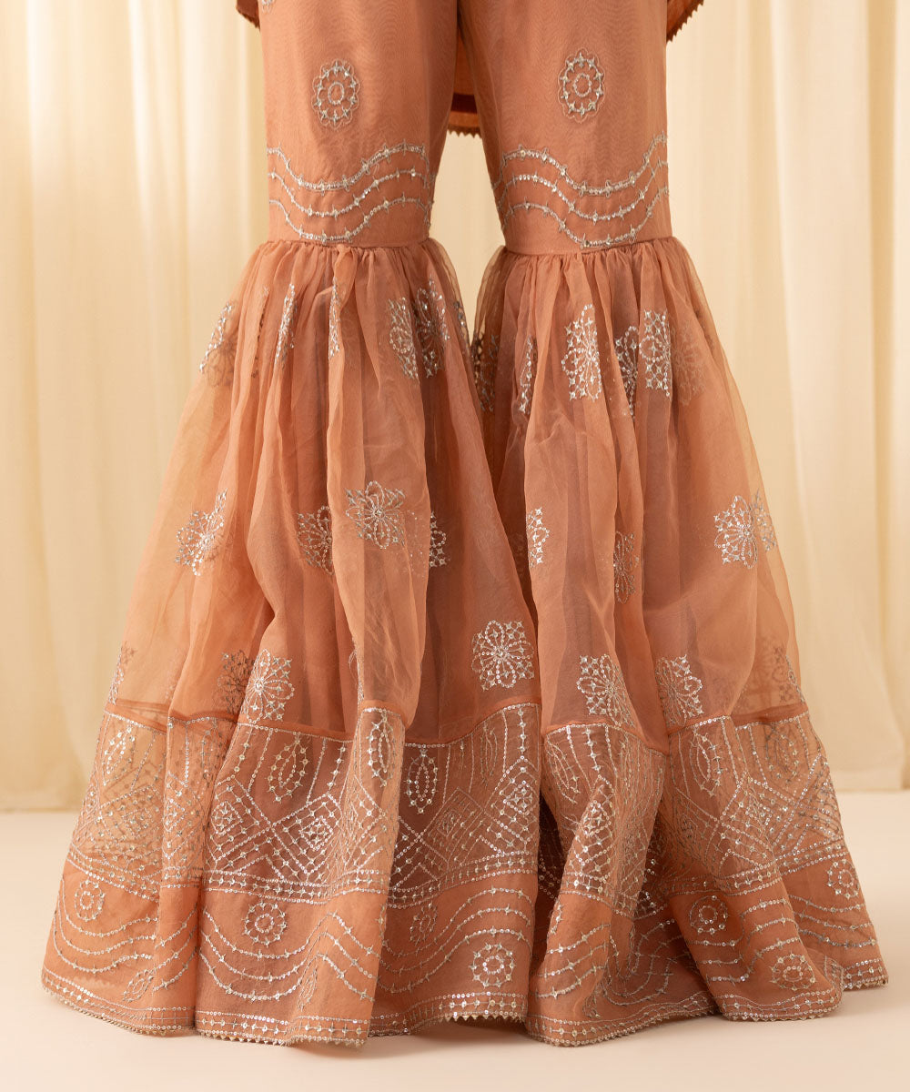 Women's Unstitched Embroidered Blended Organza Orange 3 Piece Suit