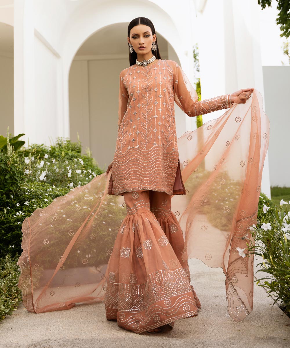 Women's Unstitched Embroidered Blended Organza Orange 3 Piece Suit