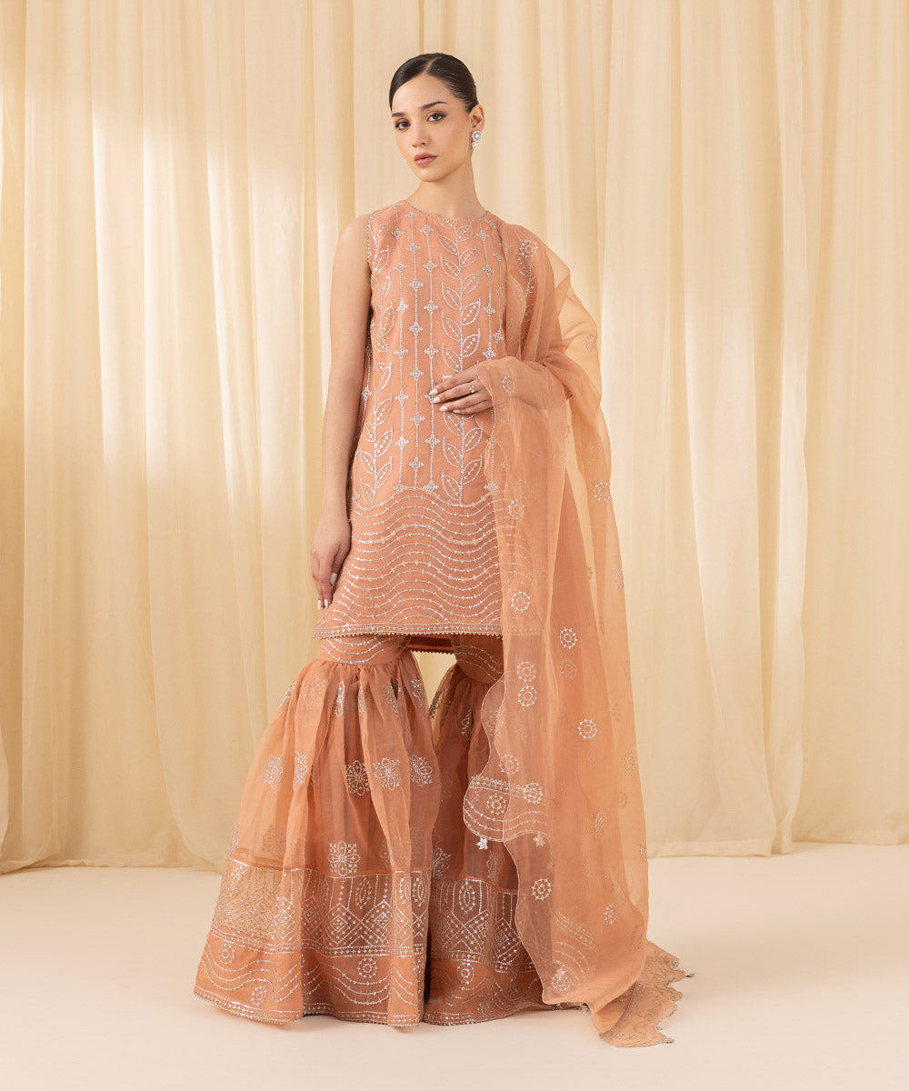 Women's Unstitched Embroidered Blended Organza Orange 3 Piece Suit