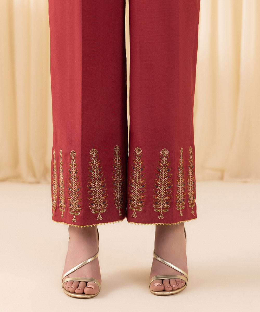 Women's Pret Raw Silk Embroidered Red 3 Piece Suit