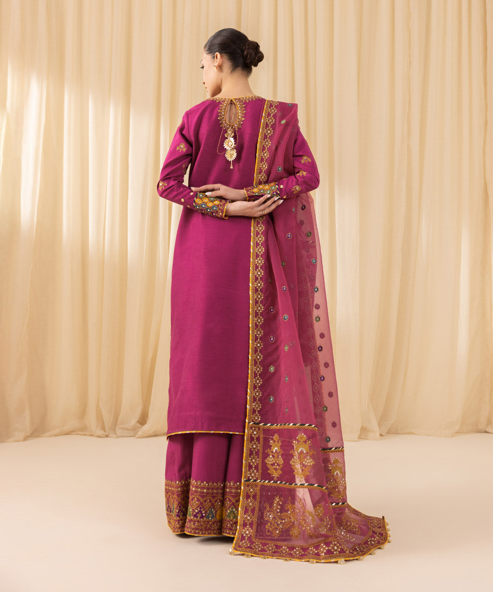 Women's Pret Raw Silk Embroidered Pink 3 Piece Suit