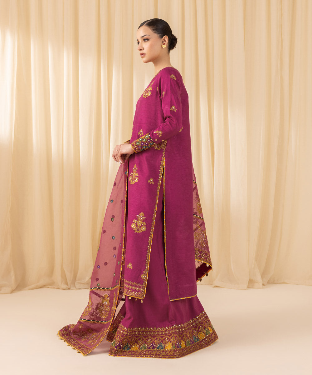 Women's Pret Raw Silk Embroidered Pink 3 Piece Suit