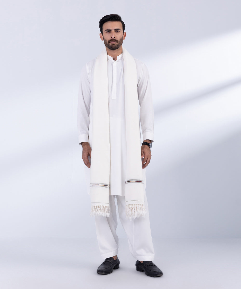 Men's Unstitched Off White Blended Shawl Full Suit Fabric