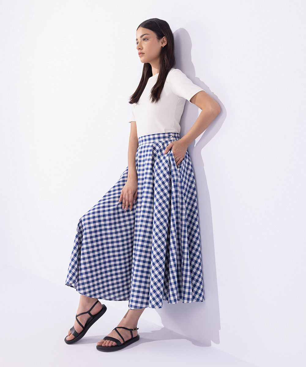 Women's Western Wear Blue Gingham Full-Circle Skirt