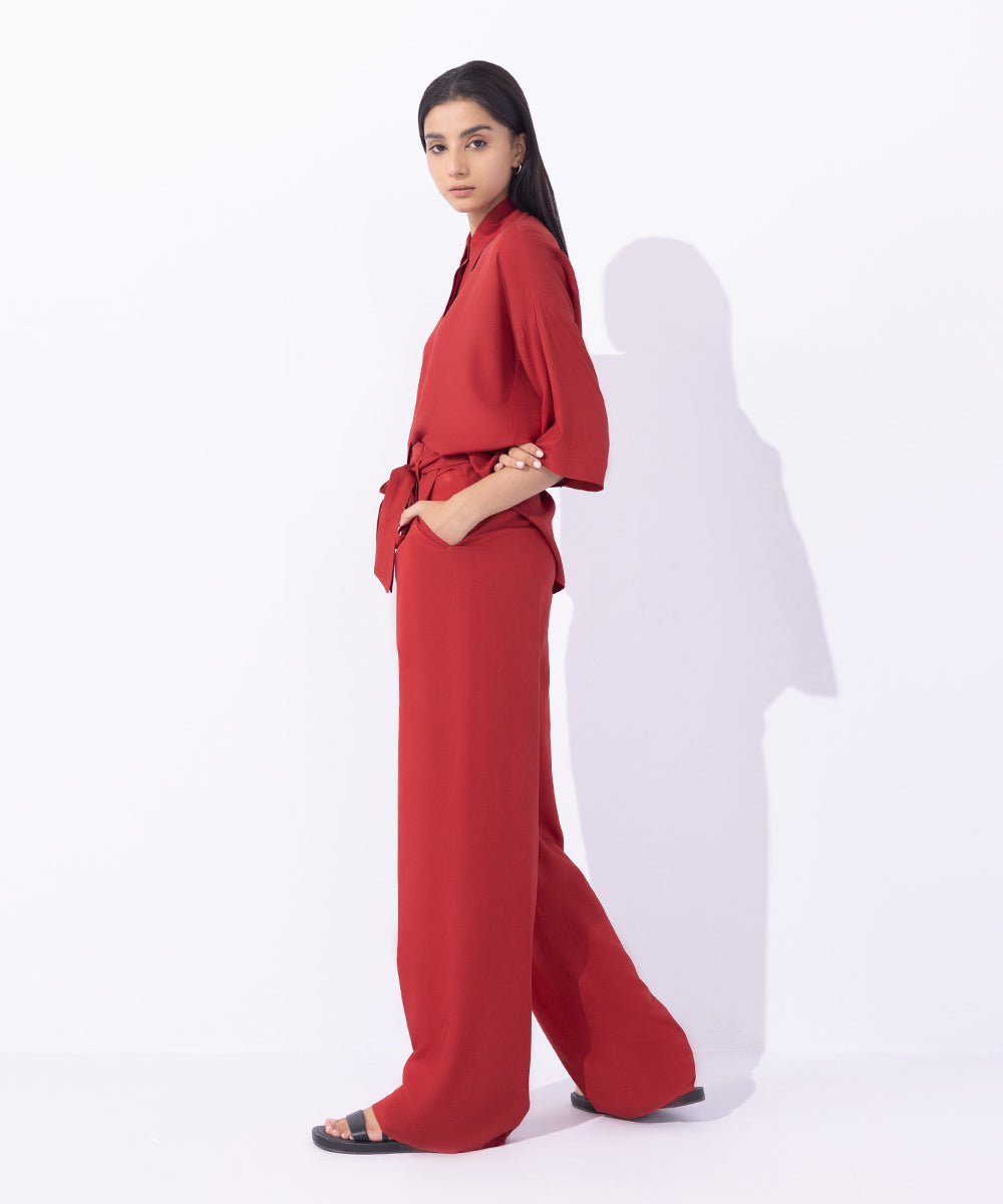 Women's Western Wear Red Drapey Trousers With Belt