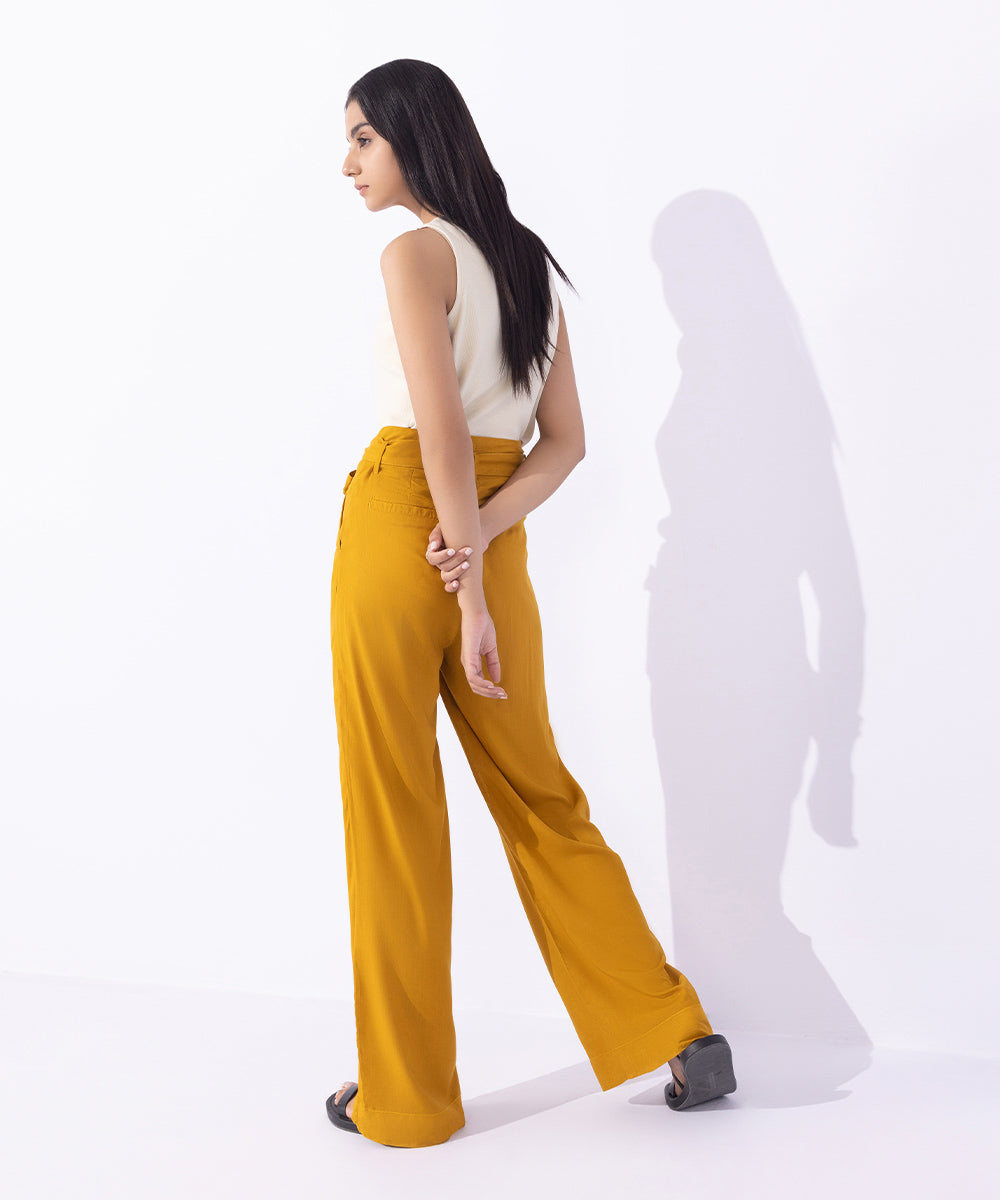 Women's Western Wear Yellow Drapey Trousers With Belt