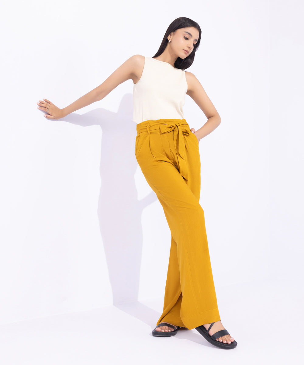 Women's Western Wear Yellow Drapey Trousers With Belt