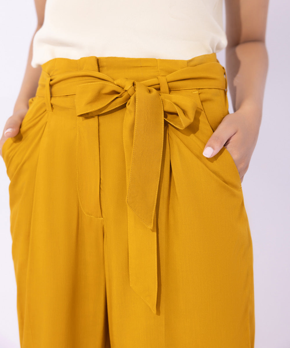 Women's Western Wear Yellow Drapey Trousers With Belt