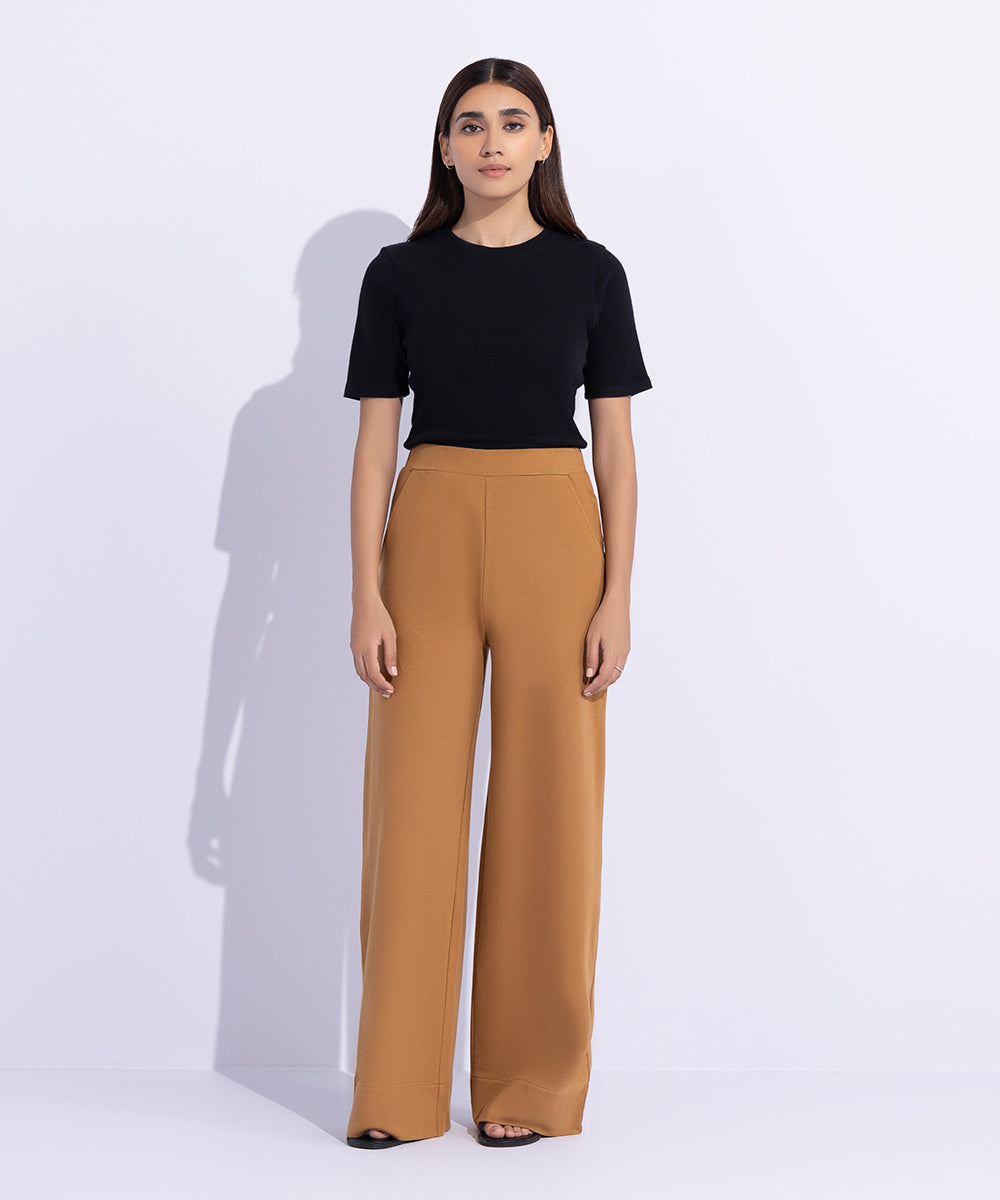 Women's Western Wear Brown Wide Leg Terry Trousers.