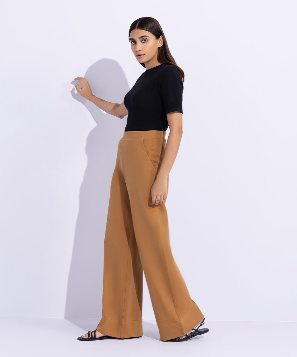 Women's Western Wear Brown Wide Leg Terry Trousers.